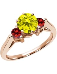 0.68 Ct Round Canary and Cognac Red Diamond 18K Rose Gold 3-Stone Ring