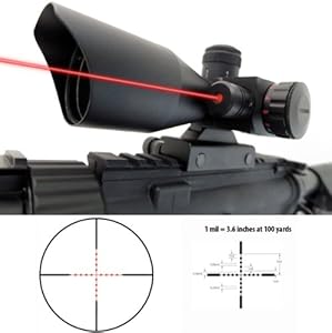 Monstrum 3-9x40 Compact Rifle Scope with Illuminated Mil-Dot Reticle, Integrated Rail Mount, and Built-In Red Laser Sight