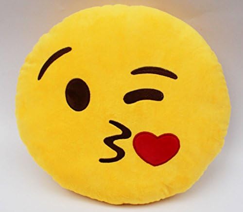 Emoji Yellow Emoticon Round Plush Pillow, Throwing Kiss