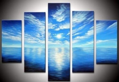 100% Hand Painted Art 5 Piece Wall Art Moon from Blue Sea Abstract Oil Painting Group Painting Canvas Art Set Free Shipping Stretched Ready to Hang