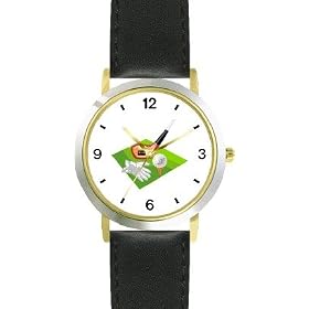 Golf Icon Montage - Club, Golf Ball on Tee, Glove - Golf Theme - WATCHBUDDY® DELUXE TWO-TONE THEME WATCH - Arabic Numbers - Black Leather Strap-Children's Size-Small ( Boy's Size & Girl's Size )