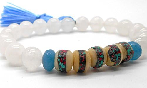 Tien Mu White Jade, Aquamarine, and Inlaid Tibetan Bead Strech Stacking or Yoga Bracelet