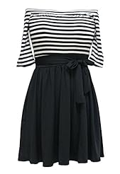 Sexy Striped Print Summer Off the Shoulder Elbow Length Sleeves Belted Cocktail Skater Dress/Club Dress/Party Dress 