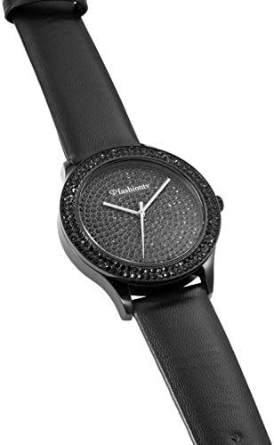 Women Dress Watch Rhinestone Inlaid Dial and Case Fashion Luxury Quartz watch leather Watch Band Black