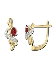 14K Two Tone Gold 0.08ct Valentine Charm Diamond & Oval Ruby Huggie Post Earring