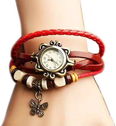 PPPerson Fashion Butterfly Pendant Quartz Retro Weave Wrap Around Leather Bracelet Lady Woman Wrist Watch