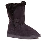 Womens Flat Black Fur Calf Ankle Ladies Button Fasten Short Snugg Boots Sizes 3-8