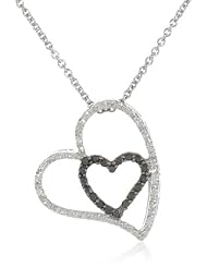 Sterling Silver Black and White Diamond Double Heart Pendant Necklace (1/5 cttw, I-J Color, I2-I3 Clarity), 18"