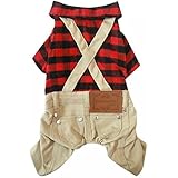 Dogloveit Cotton Plaid Shirt Style Overalls Jumpsuit Soft Autumn Dog Clothes For Cat Puppy Pet, Red, Medium