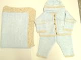 Cpk25bk, Knitted on Hand Knitted Machine Blue Chenille Beige Stripe Trimmed By Hand Crochet with Beige Chenille Infant Boys Cardigan Sweater Pant Hat Set and Matching Blanket