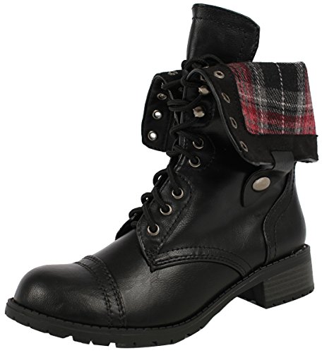 Soda Women's Oralee Lace-up Combat Folded Cuff Riding Mid-Calf Boots Soda