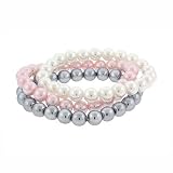 Simulated Pink, Gray, White Pearl Stone 8mm Bead Stretch Bracelet Set