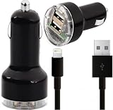 BAAS&reg; Black Dual Port USB Car Charger Adapter 12v / 24v - 1A - 2.1A & USB Cable for iPhone 5, iPad Mini, iPod Touch 5G & Nano 7G