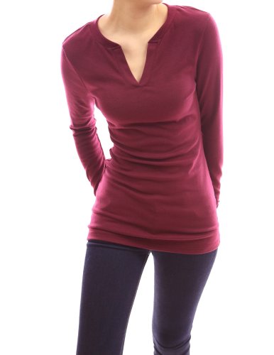 PattyBoutik V Neck Long Sleeve Stretch Pullover Fitted Casual Tunic Blouse Knit Top (Burgundy M)
