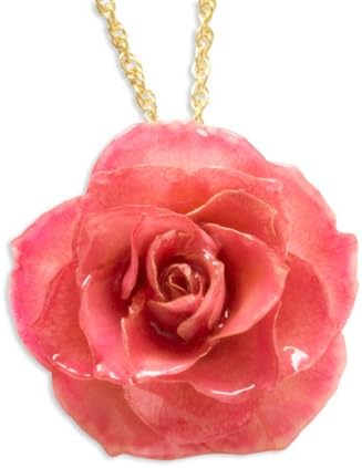 Roses and Leaves Lacquer Dipped Pink Rose w/ Gold-plated Chain