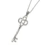 Key Pendant Necklace Silver Metal with Clear Rhinestones