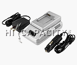 Ultra fast camcorder/digital camera battery charger with AC adapter and DC adapter. Can be used from wall plug or cigarette lighter.