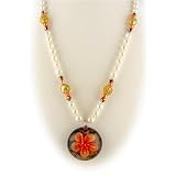 Murano Glass Orange Flower Pendant Freshwater Pearls Sterling Silver Necklace 1307