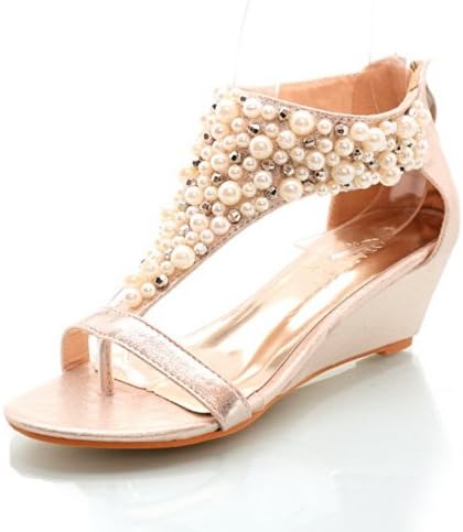 Vogue001 Womens Open Toe Kitten Heel Wedges PU Soft Material Solid Split-toe Sandals with Bead, Gold, 37