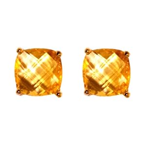 14k Yellow Gold Cushion Cut Briolette Citrine Stud Earrings by