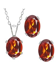 2.50 Ct Oval Orange Red Madeira Citrine Sterling Silver Pendant Earrings Set