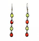 Earrings - E53 - 4-Drop Oval - Antique Gold Tone ~ Green & Red