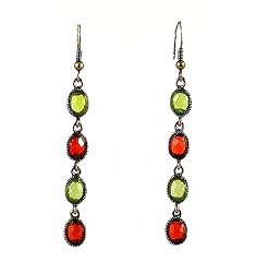 Earrings - E53 - 4-Drop Oval - Antique Gold Tone ~ Green & Red