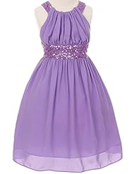 Girls Pleated Sequined Gathered Halter Knee Length Chiffon/Polyester  Dress