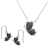 Black Half Butterfly Pave CZ Necklace & Earrings Sterling Silver Set