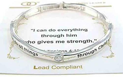 Silver-tone Philippians 4:13 Inspirational Theme Stretch Bangle Bracelet W/Gift Box