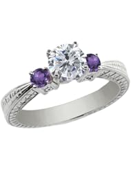 1.20 Ct Round H/I Diamond Purple Amethyst 18K White Gold 3-Stone Ring