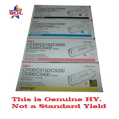 5,000 Pages (B, C, M, Y) OEM, GENUINE OKI High Yield Toner Cartridge Combo for Okidata C5100, C5150, C5200 , C5300, C5400, C5510 By SOL