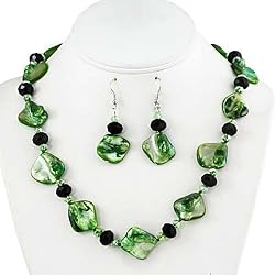 Green Faux Shell and Crystal Necklace and Earrings Set Fashion Jewelry