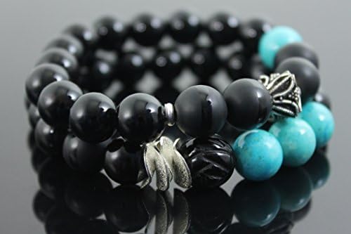 Heliconia Matte Black Onyx, Turquoise And Silver Stretch Beaded Bracelet Set