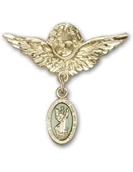 Gold Filled Baby Badge with Blue St. Christopher Charm and Angel with Wings Badge Pin