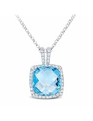 Natural 3.8ct Cushion-Cut Blue Topaz Gemstone & Diamond Necklace Set In 14K White-Gold