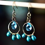 Bronze Petal Drop Earrings - Pacific Shoreline - blue pearl and glass hand forged earrings
