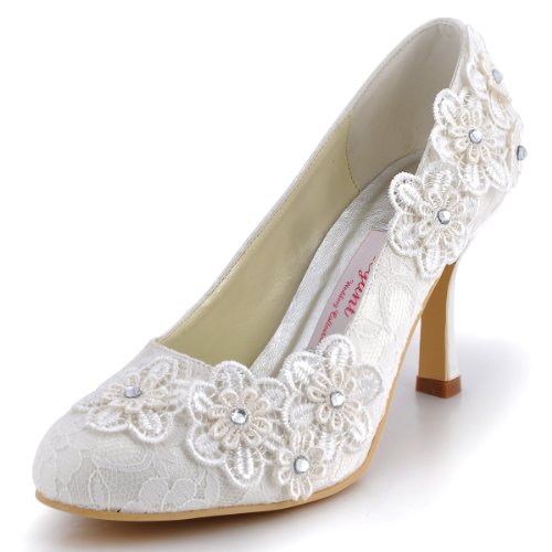 Elegantpark EP11099 Ivory Women's Round Toe Flowers Stiletto High Heel Lace Wedding Shoes US 8