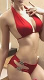 Sexy Red Triangle Halter Bikini with Double Silver Rustic Chains (Not Padded) Sexy Red Triangle Halter Bikini with Double Silver Rustic Chains (Not Padded)