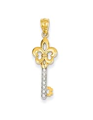 14k Yellow Gold Rhodium Plated Diamond Cut Fleur De Lis Key Pendant, Best Quality Free Gift Box Satisfaction Guaranteed