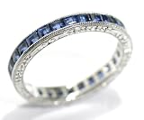 Square Shape Sapphire Channel Set Full Circle in Platinum Filigree Hand Engraved Wedding Band or Stacking Ring, Ring Size 6.5 (T.w 3.16)