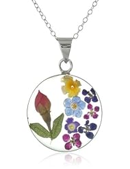 Sterling Silver Pressed Flower Round Pendant Necklace, 16"