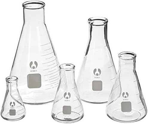 Erlenmeyer Flask Set of 5 Sizes Flasks, 50ml, 125ml, 500ml, 1000ml, Borosilicate Glass