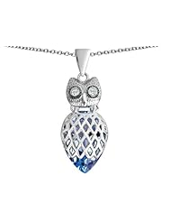 Original Star K (tm) Good Luck Owl Pendant with Pear Shape Simulated Aquamarine in 925 Sterling Silver