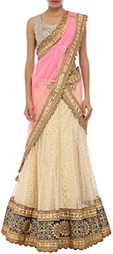 Panisha Women's Lehenga Embellished In Thread Embroidery And Kundan Replica Medium Cream