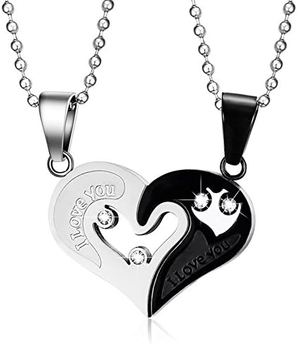 Quubb Mens Womens Love Heart CZ Puzzle Stainless Steel Couple Matching Pendant Necklace (Black)