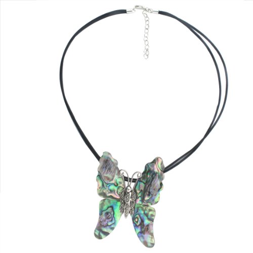 Sterling Silver Marcasite and Abalone Shell Butterfly in Flight Pin/Pendant on 2 Strand 16 Black Cotton Cord + 2 Extension