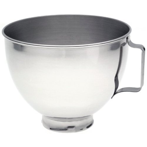 KitchenAid 4.5 quart stainless steel mixer bowl with handle.