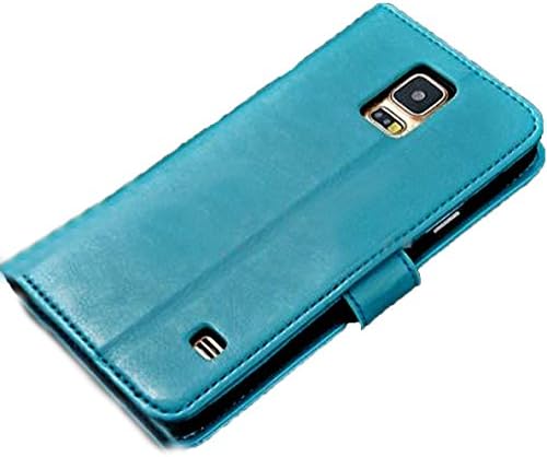 myLife Deep Celeste Blue - Classic Design - Koskin Faux Leather (Card, Cash and ID Holder + Magnetic Detachable Closing + Hand Strap) Slim Wallet for NEW Galaxy S5 (5G) Smartphone by Samsung (External Rugged Synthetic Leather With Magnetic Clip + Internal Secure Snap In Hard Rubberized Bumper Holder)