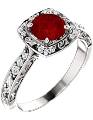 14K White Gold 6.00mm Round Cut Chatham Created Ruby and Diamond Ring -- LIFETIME WARRANTY